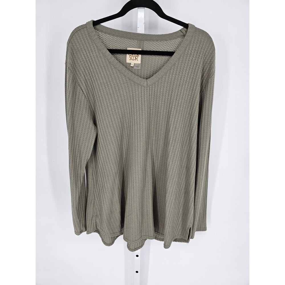 Chasor Womens Sz XXL Long Sleeve V Neck Waffle Knit Shirt Sage Green